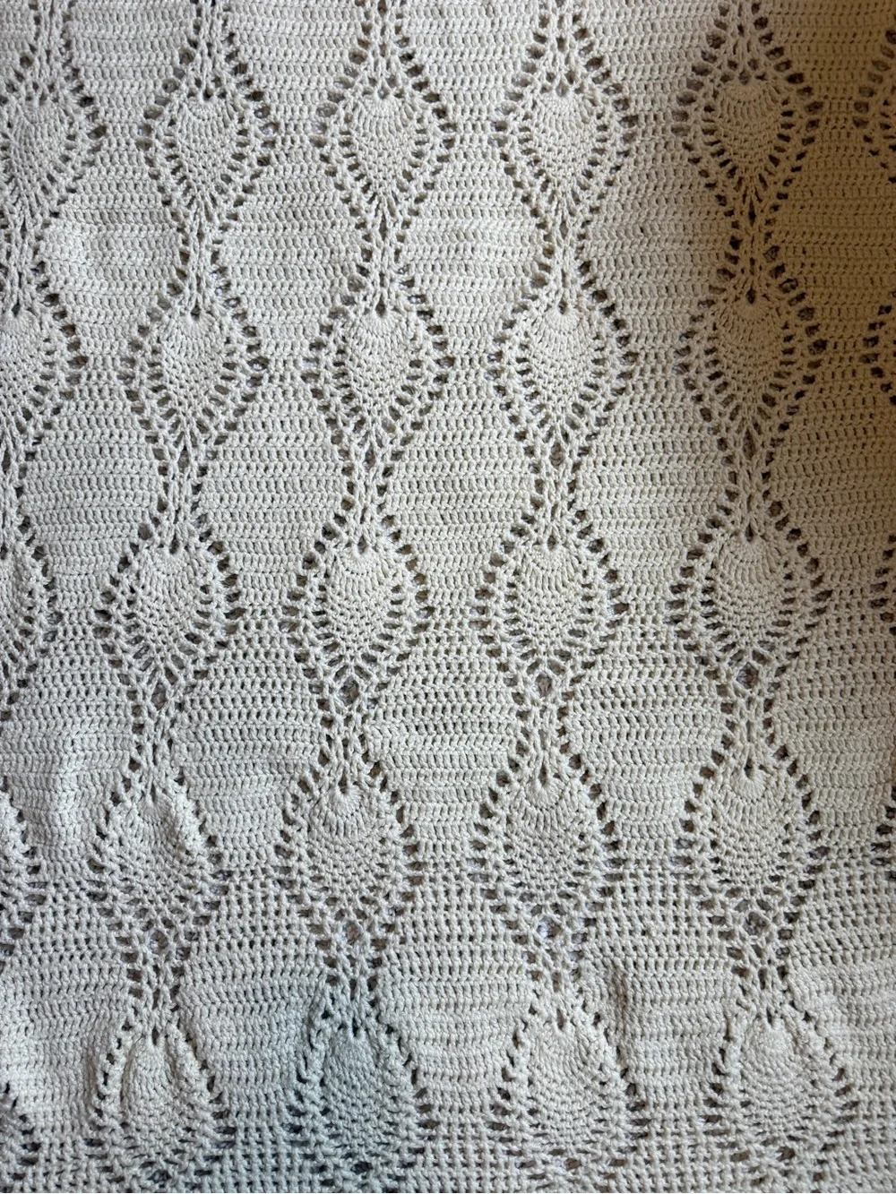 Handmade Crocheted Ivory Vintage Afghan Throw Blanket 43” X 77” Diamond Pattern